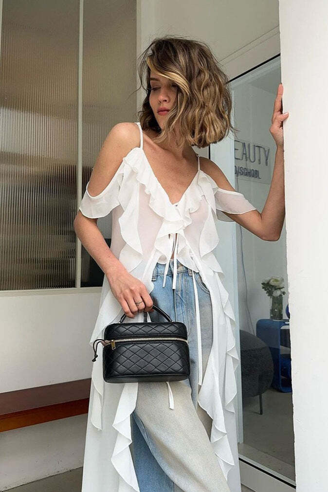 Tie V Neck A Line Ruffle Chiffon Cami Top