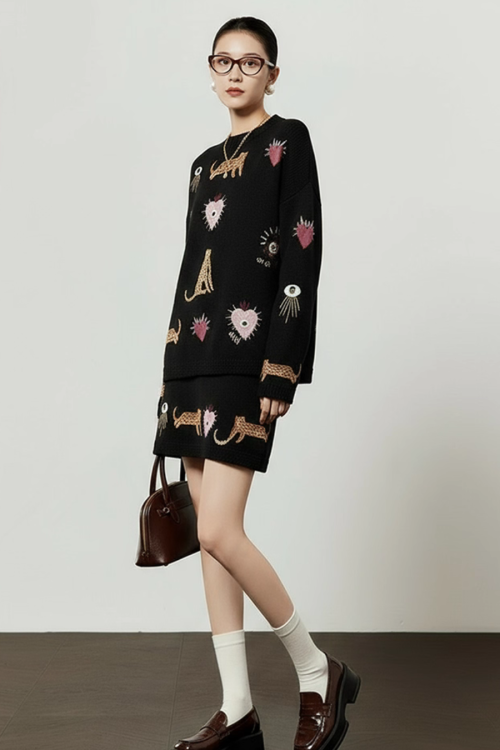 Tiger Heart Patch Knit & Skirt