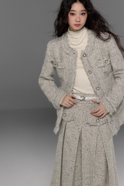 Tweed No-Collar Coat / Shorts / Knee Length Skirt