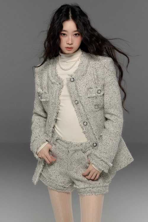 Tweed No-Collar Coat / Shorts / Knee Length Skirt