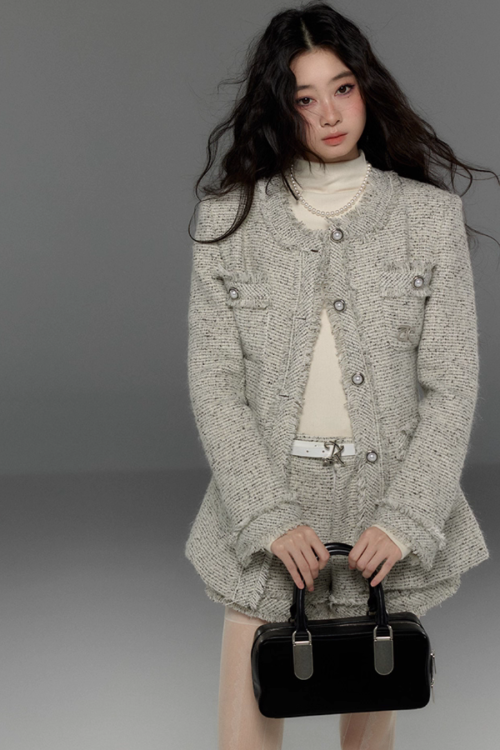 Tweed No-Collar Coat / Shorts / Knee Length Skirt