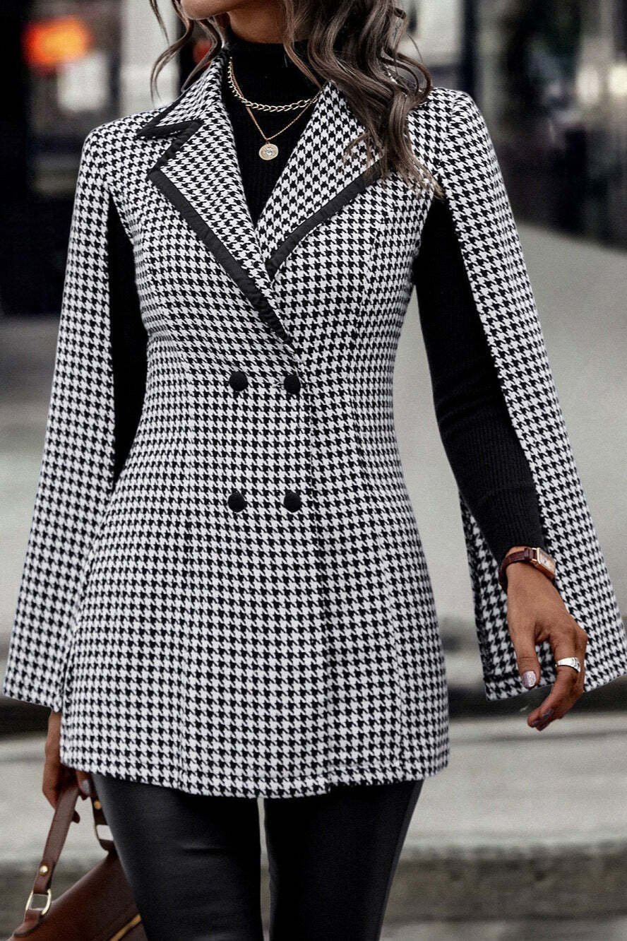 Tweed-style Houndstooth Split Long Sleeve Chic Blazer Tweed-style Houndstooth Split Long Sleeve Chic Blazer