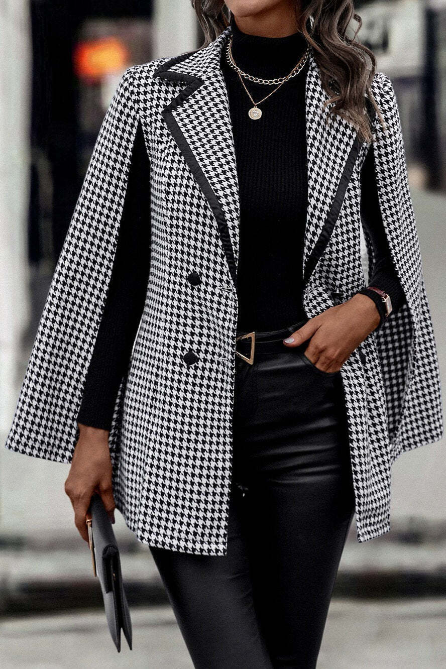 Tweed-style Houndstooth Split Long Sleeve Chic Blazer Tweed-style Houndstooth Split Long Sleeve Chic Blazer