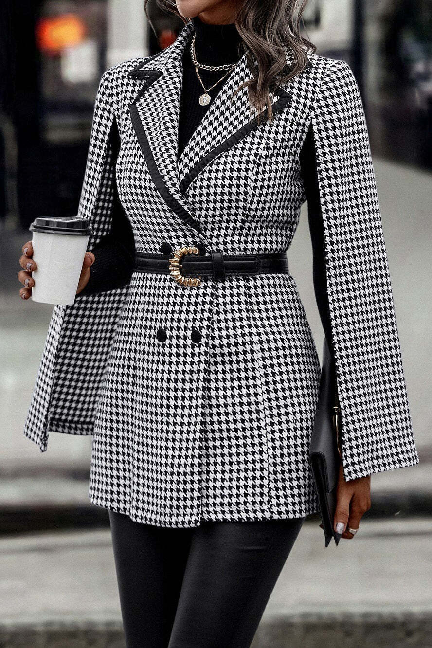Tweed-style Houndstooth Split Long Sleeve Chic Blazer Tweed-style Houndstooth Split Long Sleeve Chic Blazer