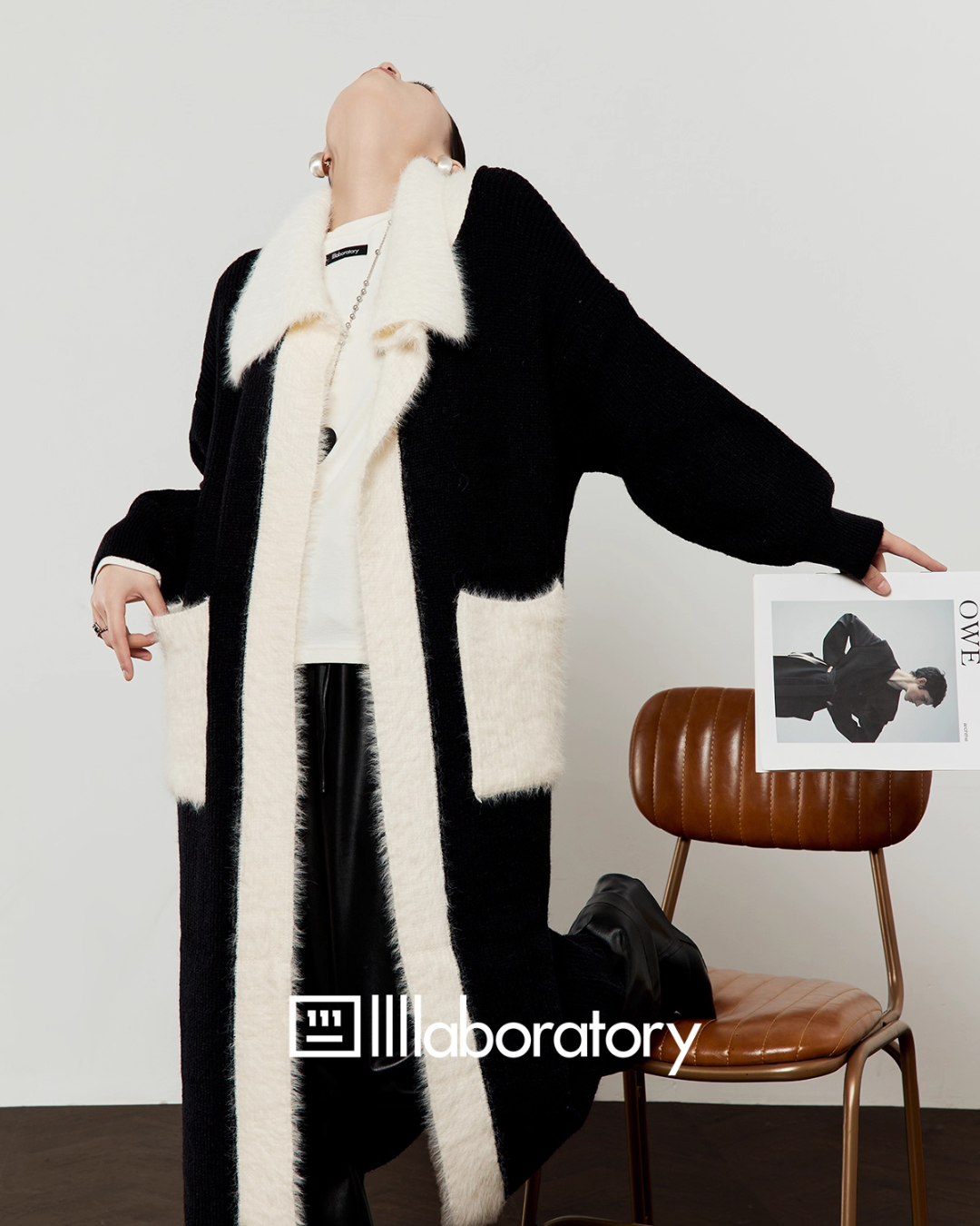 Two-Tone Long Cardigan / Leather Long Pants Two-Tone Long Cardigan / Leather Long Pants