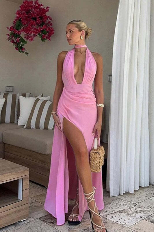 U Neck Halter Tie Ruched Slit Maxi Dress