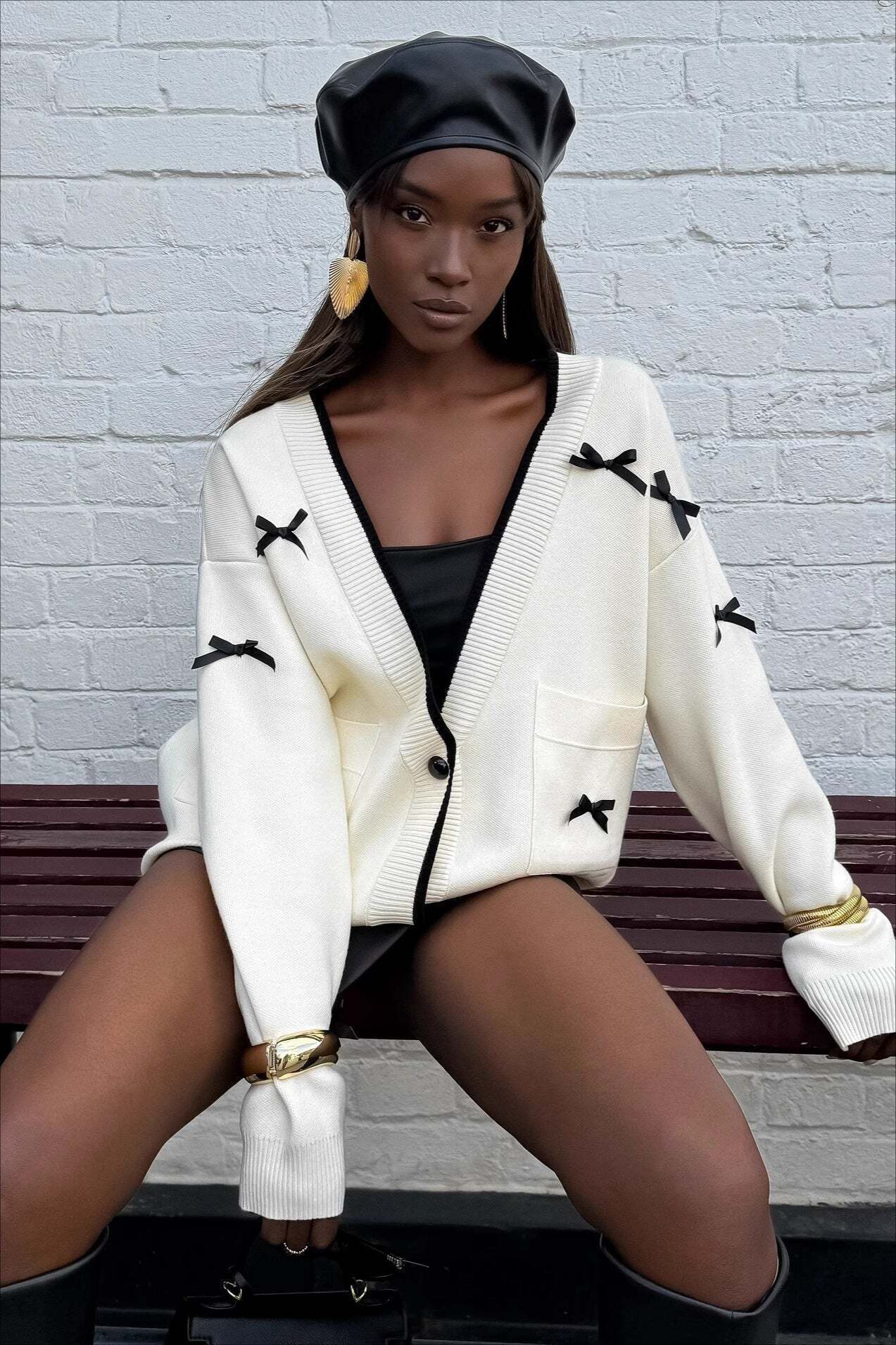 V Neck Bow Color Block Long Sleeve Knit Cardigan