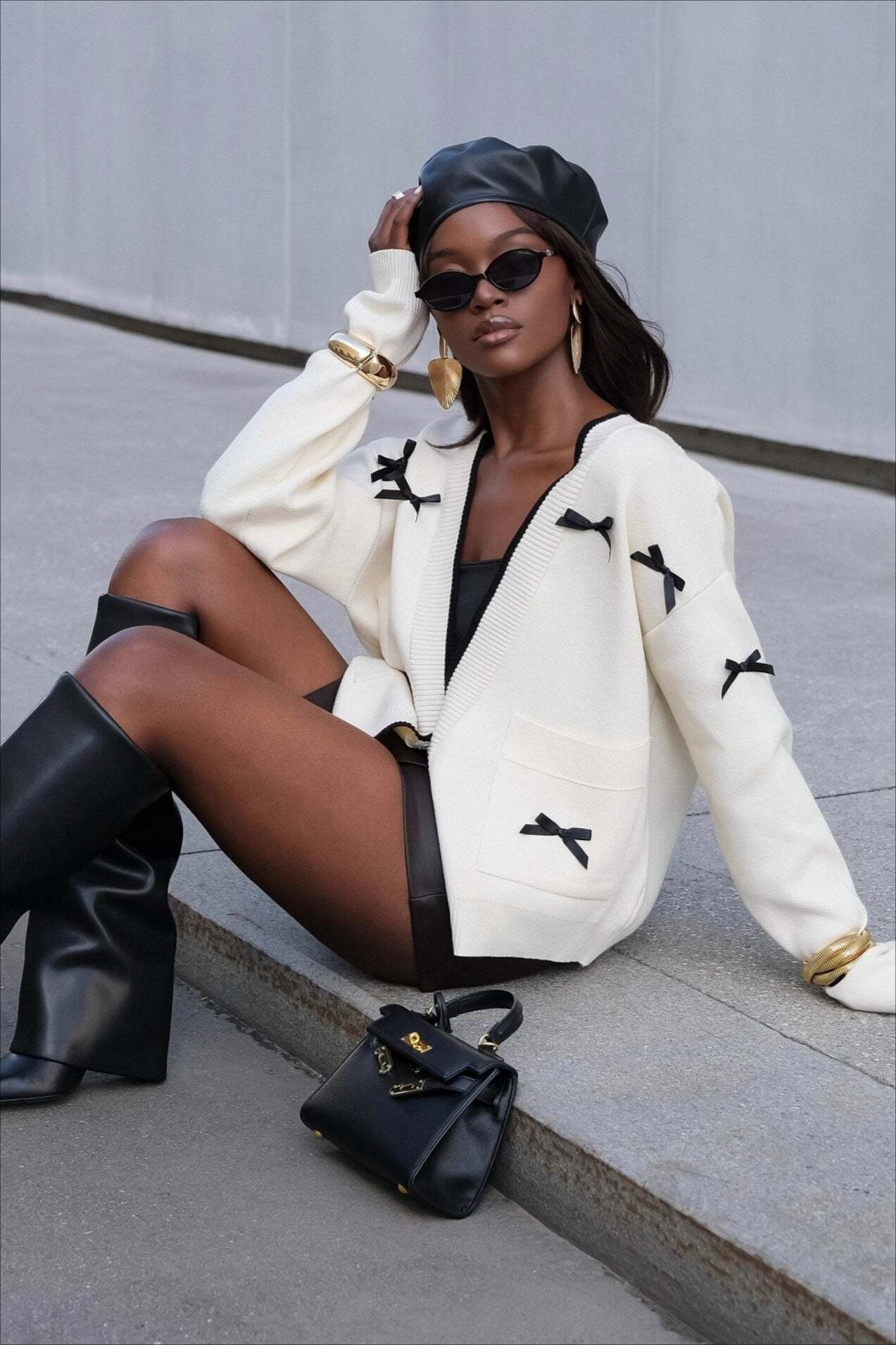 V Neck Bow Color Block Long Sleeve Knit Cardigan V Neck Bow Color Block Long Sleeve Knit Cardigan