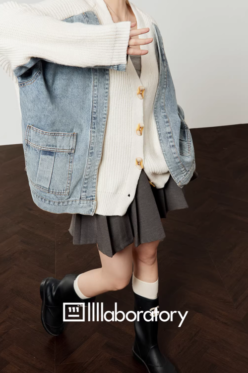 V-Neck Denim Docking Knit Cardigan