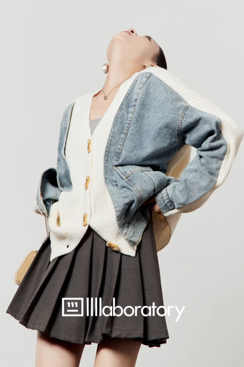 V-Neck Denim Docking Knit Cardigan