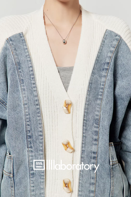 V-Neck Denim Docking Knit Cardigan