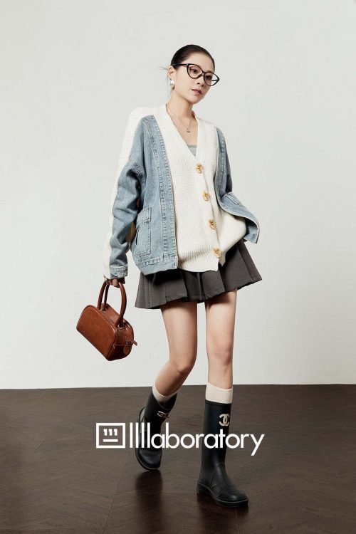 V-Neck Denim Docking Knit Cardigan