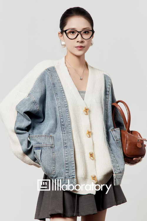 V-Neck Denim Docking Knit Cardigan
