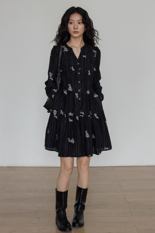 V-Neck Embroidered Dress