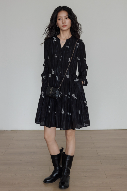 V-Neck Embroidered Dress