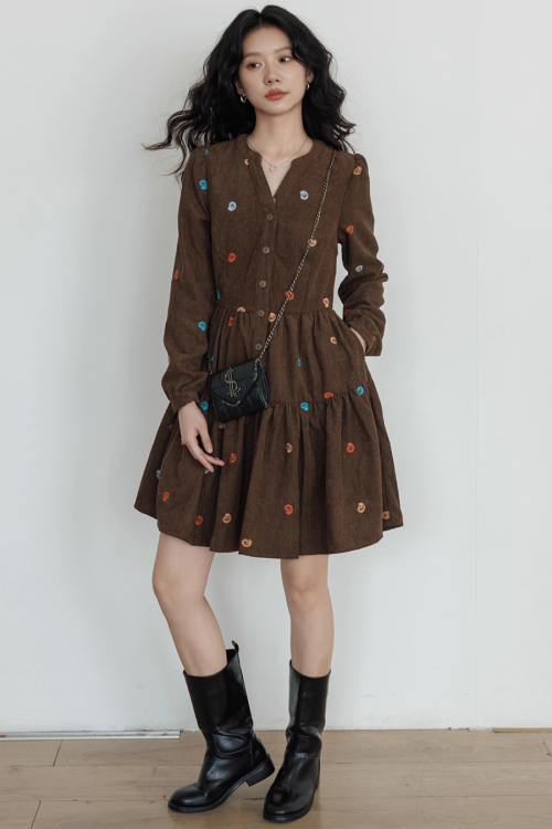 V-Neck Embroidered Shirt Dress