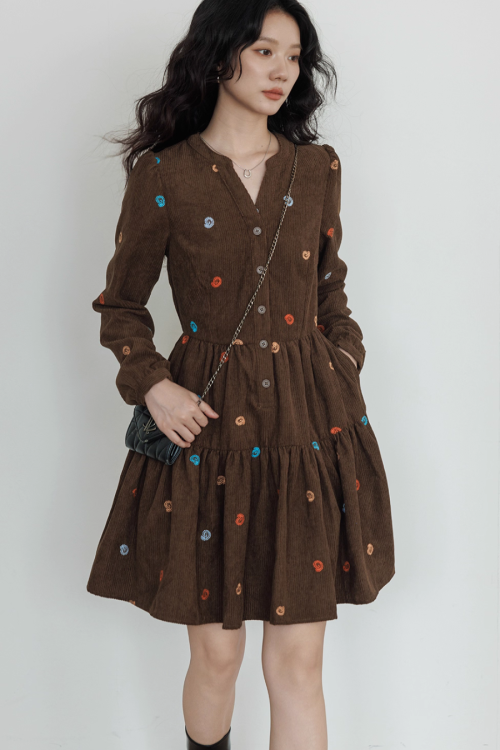 V-Neck Embroidered Shirt Dress