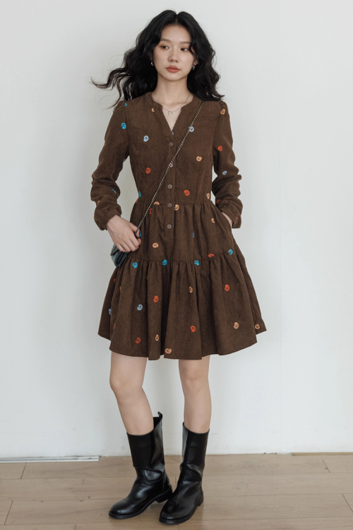 V-Neck Embroidered Shirt Dress