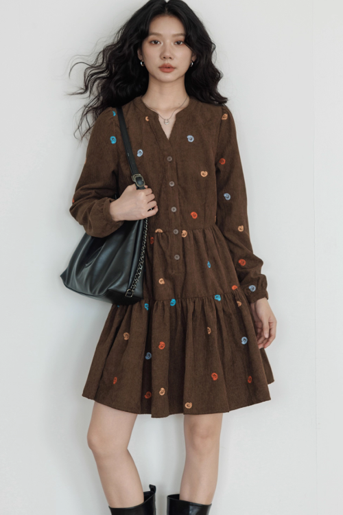 V-Neck Embroidered Shirt Dress