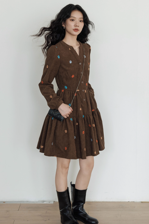 V-Neck Embroidered Shirt Dress