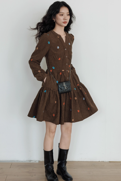 V-Neck Embroidered Shirt Dress