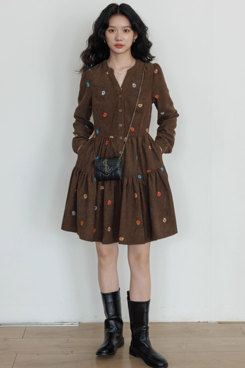 V-Neck Embroidered Shirt Dress