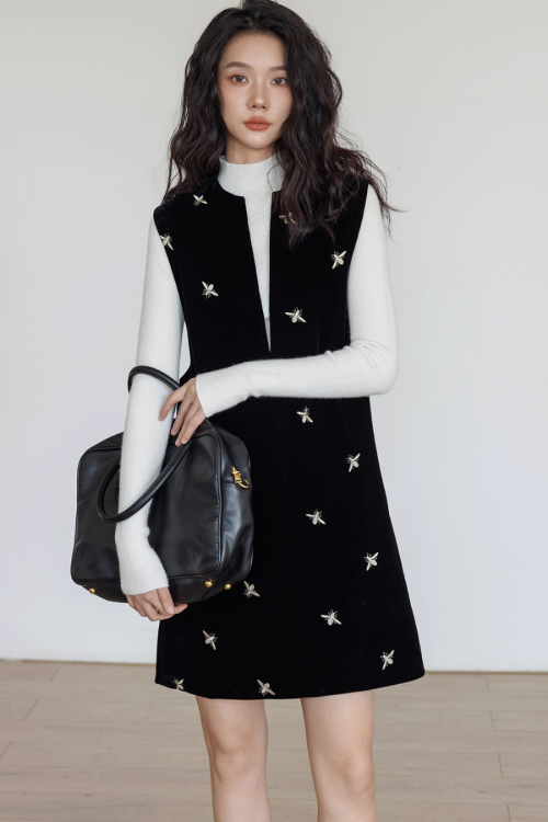 V-Neck Embroidered Vest Dress