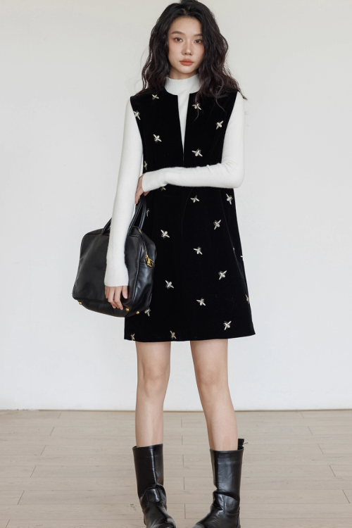 V-Neck Embroidered Vest Dress