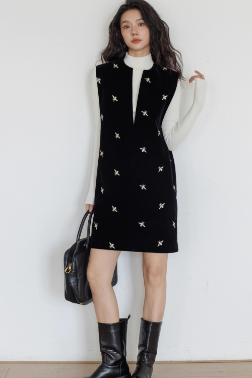 V-Neck Embroidered Vest Dress