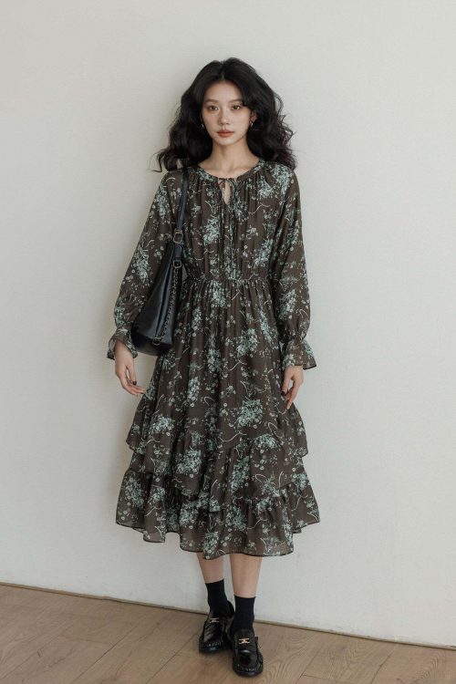 V-Neck Floral Vintage Dress