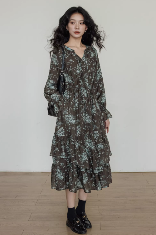 V-Neck Floral Vintage Dress