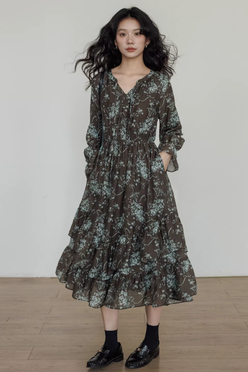 V-Neck Floral Vintage Dress