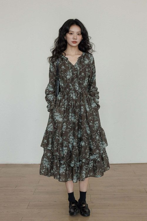 V-Neck Floral Vintage Dress