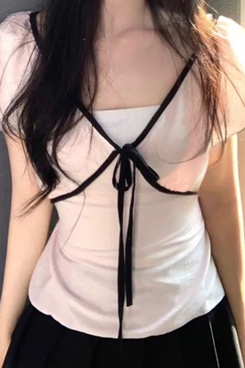 V-Neck Front Tie Coquette Short Sleeve Tee