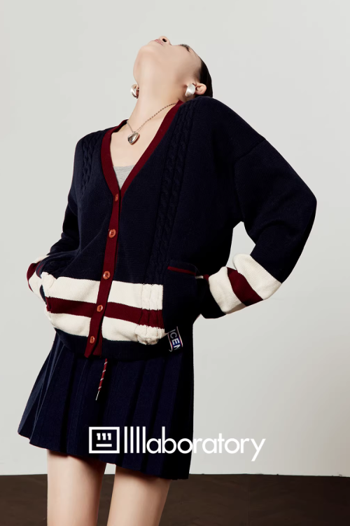 V-Neck Knit Cardigan / A-Line Mini Skirt