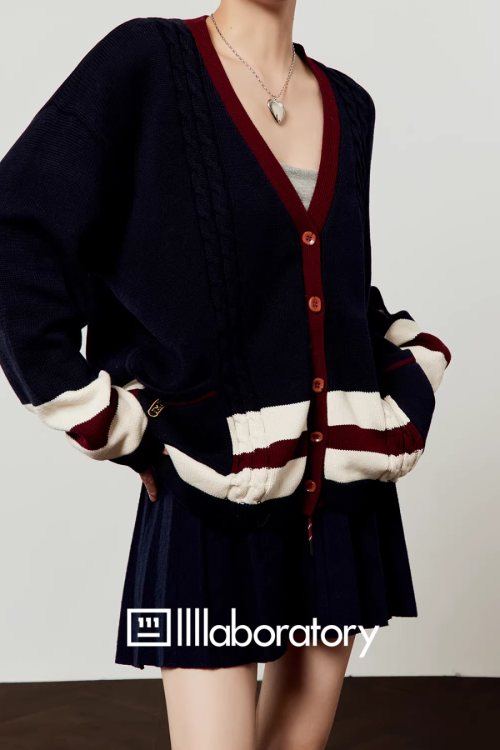 V-Neck Knit Cardigan / A-Line Mini Skirt