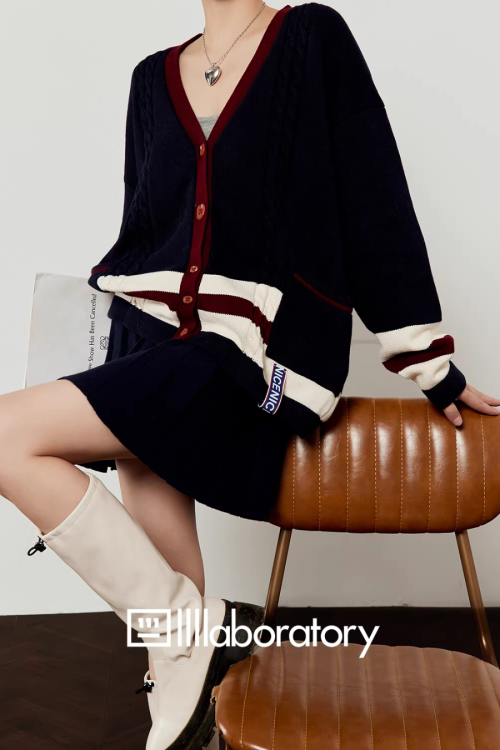 V-Neck Knit Cardigan / A-Line Mini Skirt