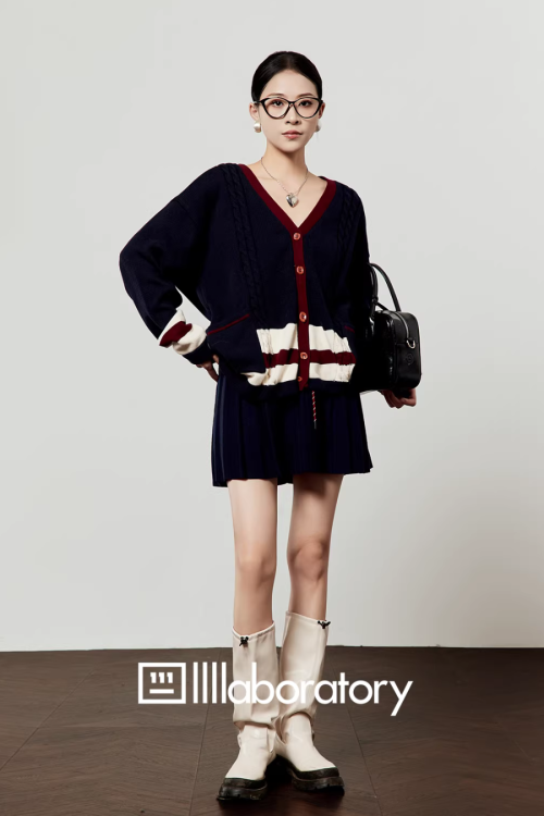 V-Neck Knit Cardigan / A-Line Mini Skirt