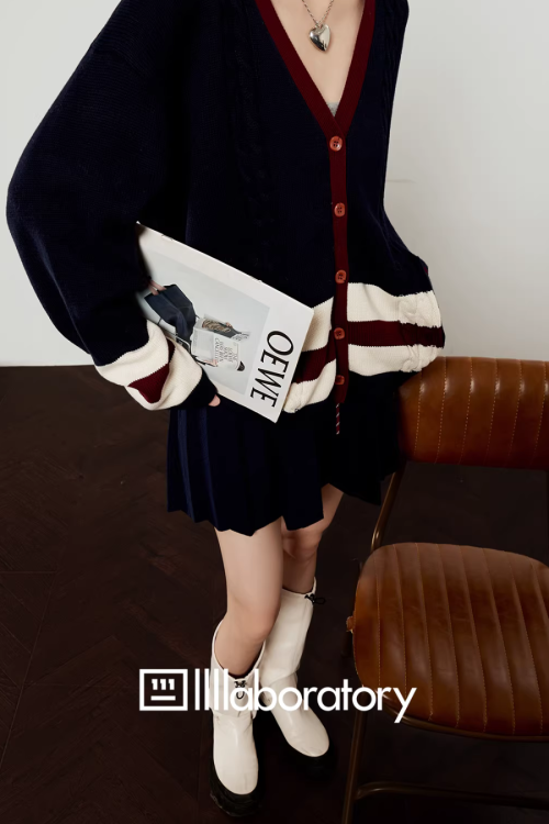 V-Neck Knit Cardigan / A-Line Mini Skirt