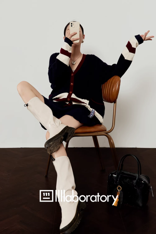 V-Neck Knit Cardigan / A-Line Mini Skirt