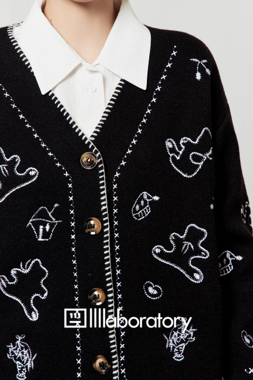 V-Neck Knit Cardigan / Leather Mini Skirt