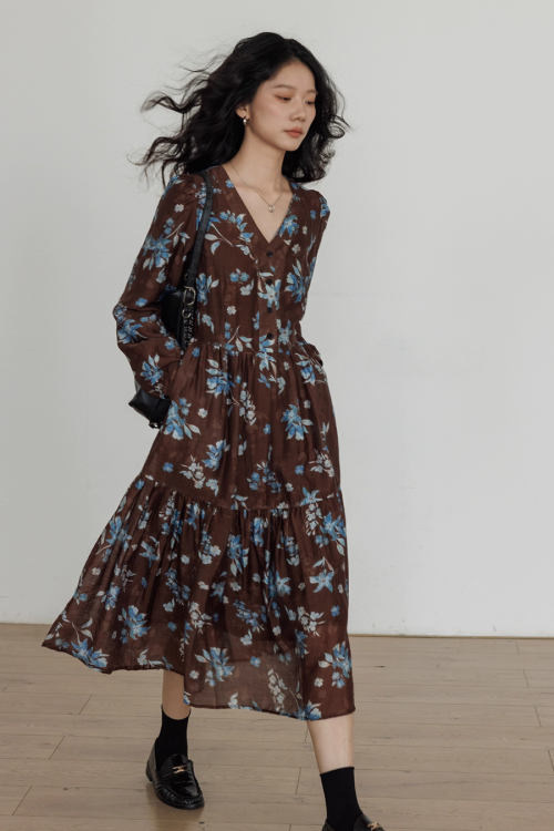 V-Neck Linen Print Elegant Dress