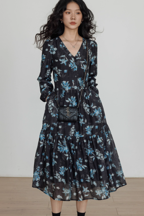 V-Neck Linen Print Elegant Dress