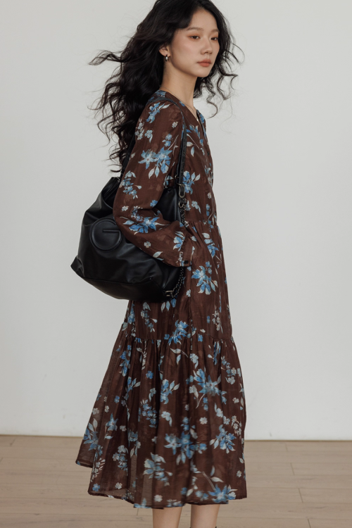 V-Neck Linen Print Elegant Dress