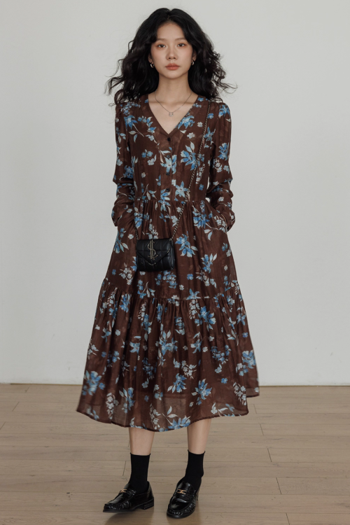 V-Neck Linen Print Elegant Dress