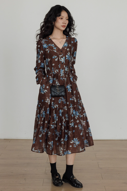 V-Neck Linen Print Elegant Dress