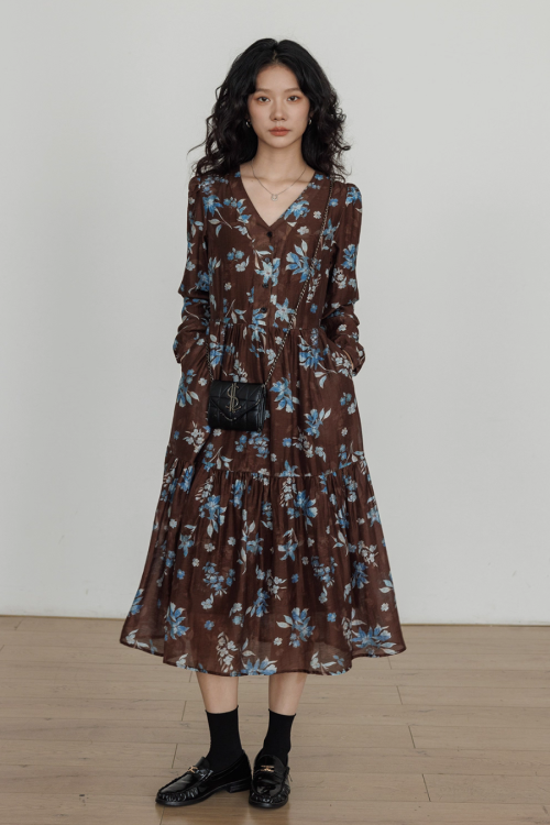 V-Neck Linen Print Elegant Dress