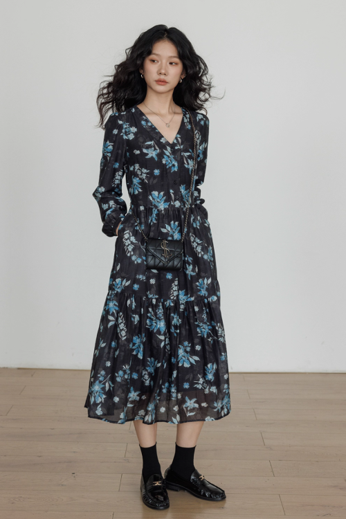 V-Neck Linen Print Elegant Dress