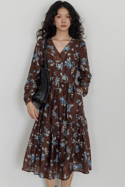 V-Neck Linen Print Elegant Dress