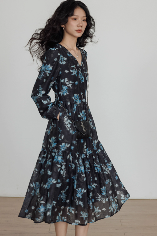 V-Neck Linen Print Elegant Dress